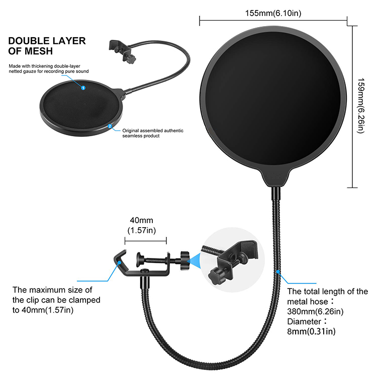 Boytone BT-27ST Upgraded Microphone Pop Filter Mask Shield, Dual Layered Wind Pop Screen with Flexible 360°